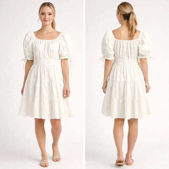 Rachel Parcell White Puff Sleeve Tiered Mini Dress Size Small - Picture 3 of 12